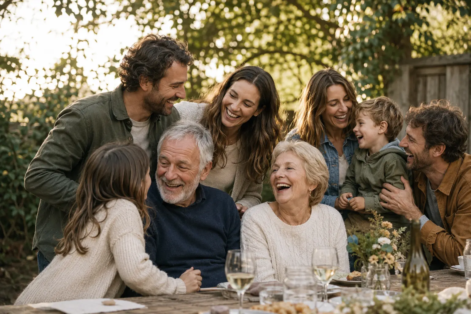 Family laughing together at an outdoor celebration
