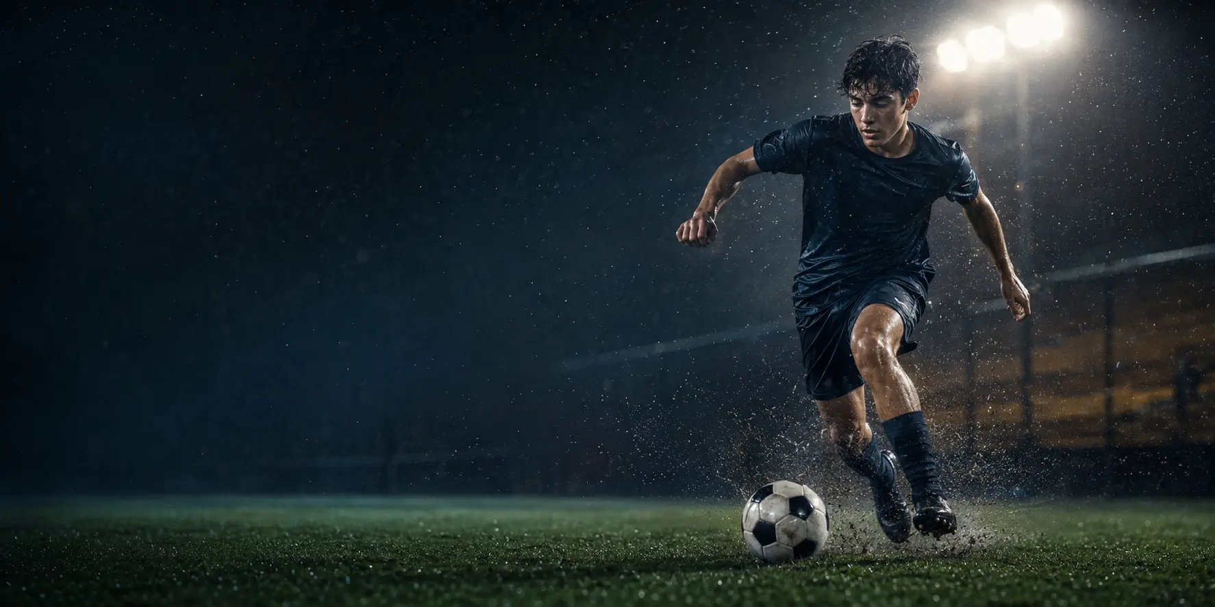Soccer player moving with the ball under stadium lights